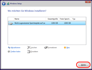 Windows 10 Installation Laufwerk auswählen